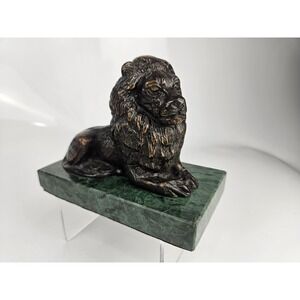 Vintage Recumbent Lion Figurine Patinated Cast Metal Green Marble Base Unsigned